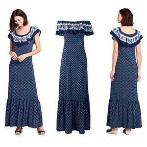 Lands End Ruffle Maxi Dress Size Large Petite PL Navy Blue/White Prairie Cottage